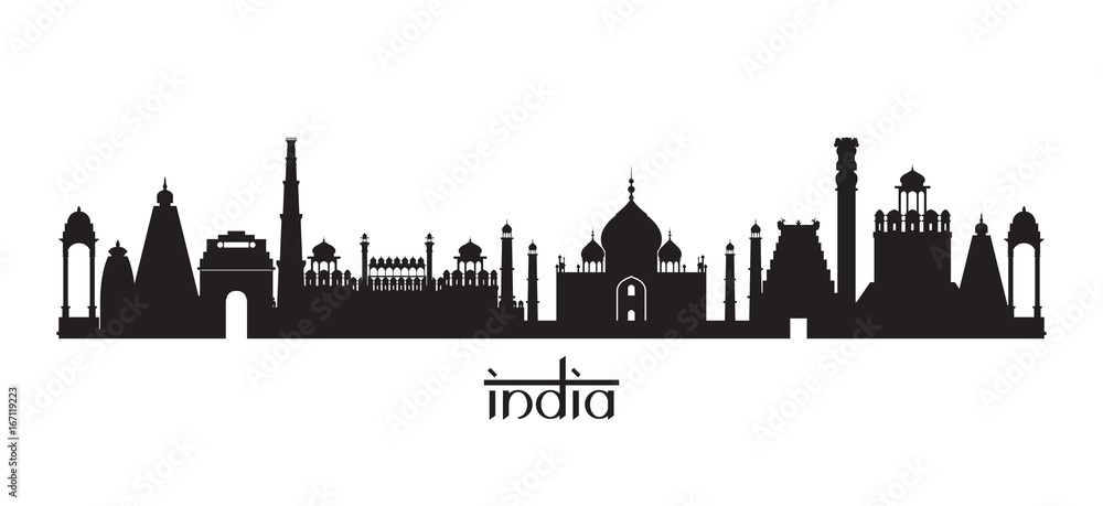India Landmarks Skyline in Black and White Silhouette