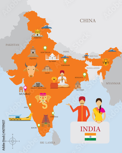 India Map and Icons with People in Traditional Clothing