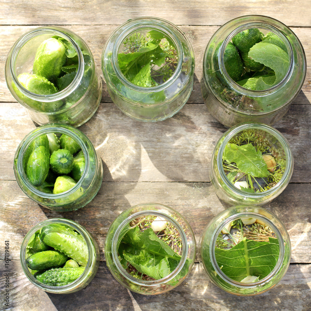Obraz premium Rustic cooking recipe/ salting fresh cucumbers in jars with green leaves of horseradish, garlic and dill, top view