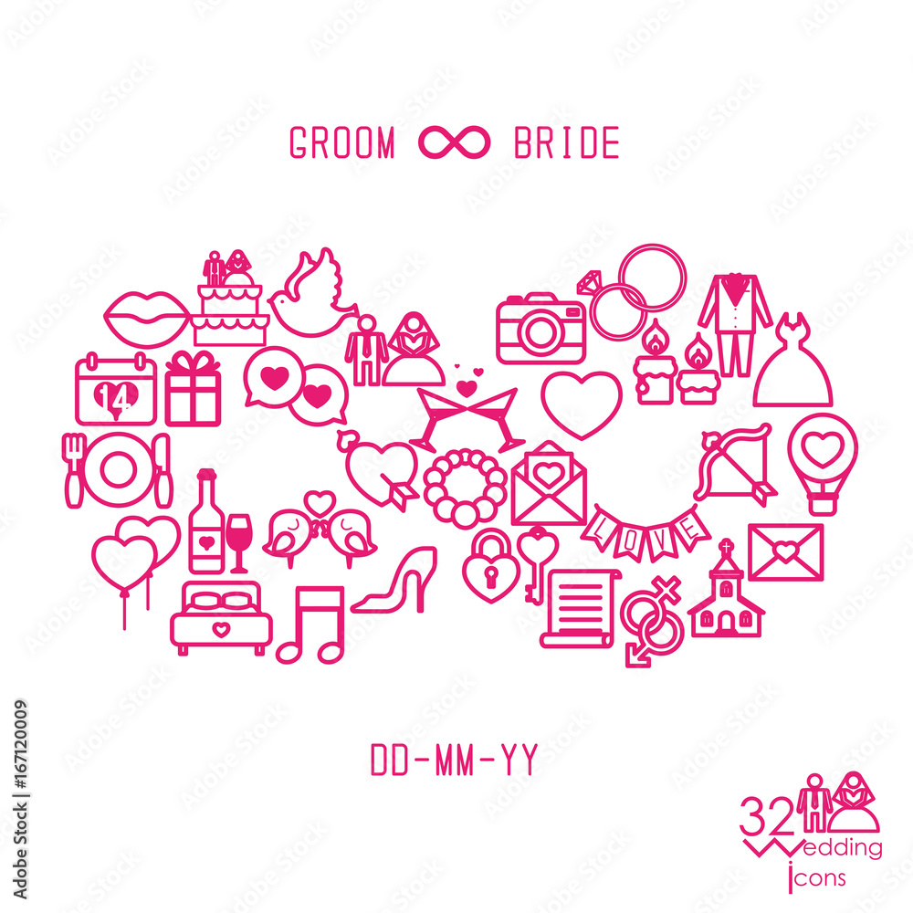 Love icons objects in infinity shape. Infinity love, forever symbol. Vector illustration Love icons objects in infinity shape. Infinity love, forever symbol. Vector illustration