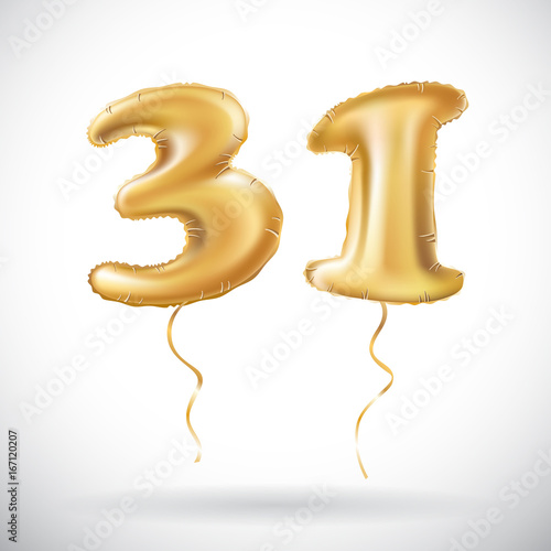 vector Golden number 31 thirty one of inflatable balloon isolated on white background