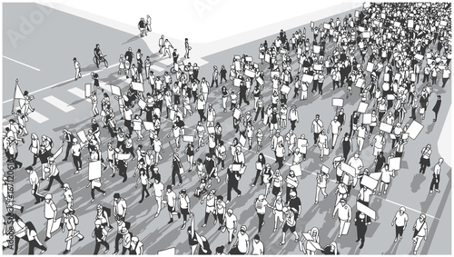 Illustration of crowd marching and demonstrating for equality
