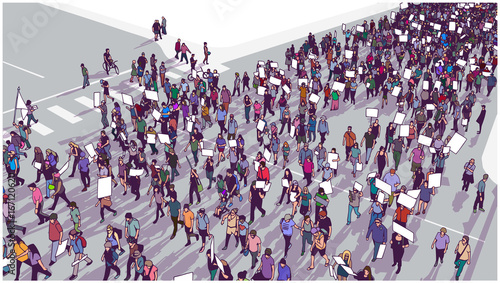 Illustration of crowd marching and demonstrating for equality