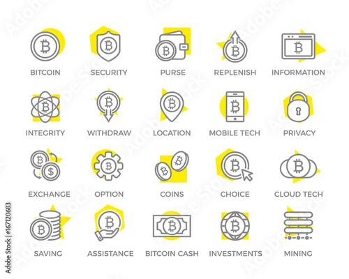 Unique digital money and bitcoin line icon or symbol design with yellow background. Editable Stroke.