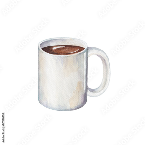 White coffee cup handdrawn illustration. Coffee in white cup watercolor painting on white background.