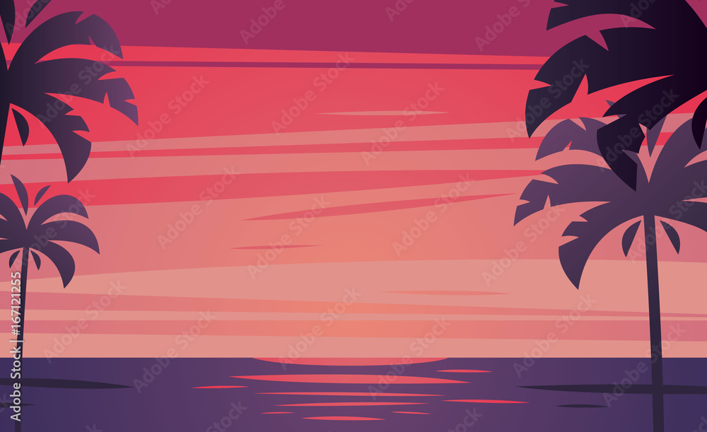 Tropical sunrise with pink gradient sun and silhouette of palm trees