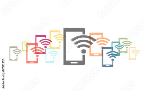 Viele bunte Smartphones mit WiFi-Zeichen