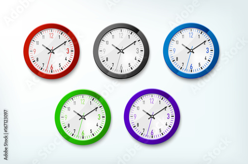 set of different colorful wall watch for promotion. Office accessories vector illustration mock up 