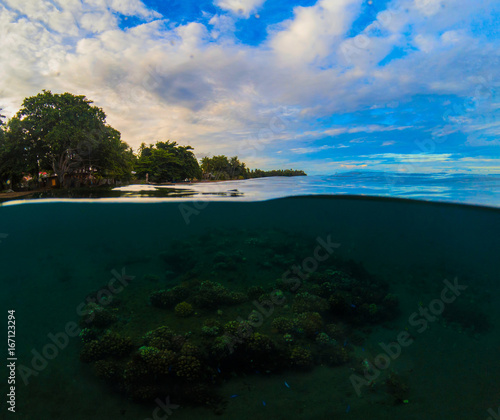 Double landscape with sea and sky. Above and below waterline in tropical seashore.