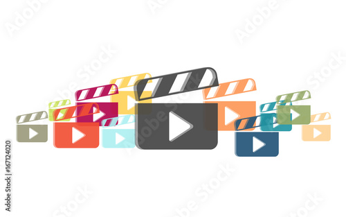 Viele bunte Filmklappen mit Play-Symbol
