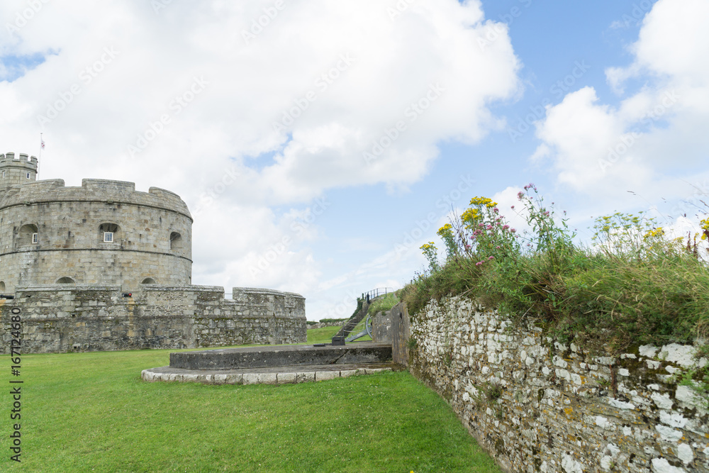 A castle in Cornwall at summertime with a blue sky with white clouds