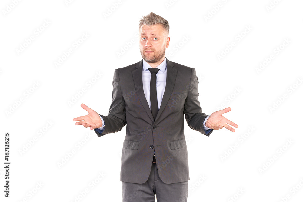 Portrait of middle-aged businessman in elegant suit posing against white background Portrait of middle-aged businessman in elegant suit posing against white background