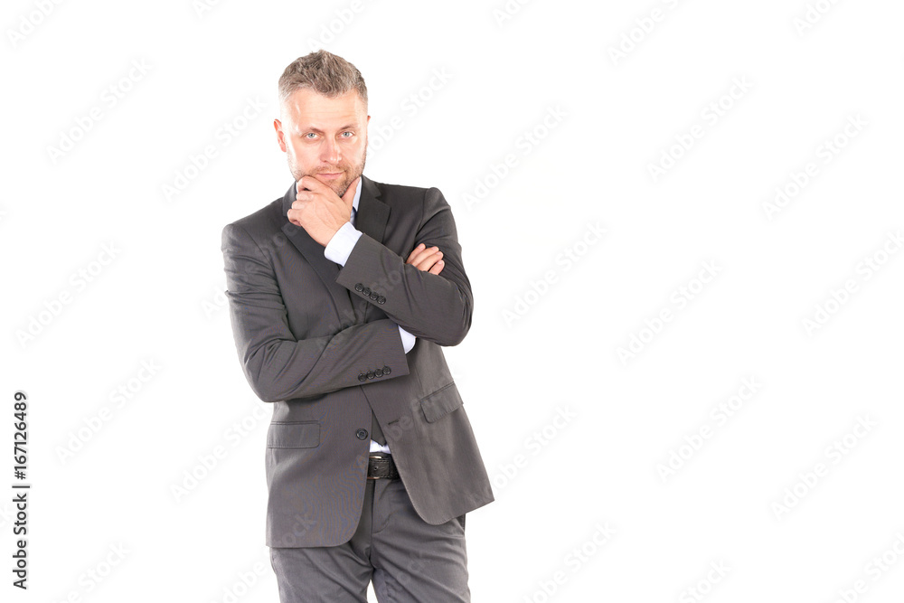 Portrait of middle-aged businessman in elegant suit posing against white background Portrait of middle-aged businessman in elegant suit posing against white background