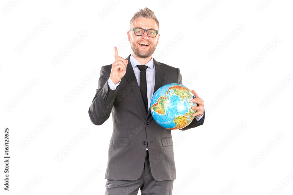 Portrait of middle-aged business person holding globe Portrait of middle-aged business person holding globe