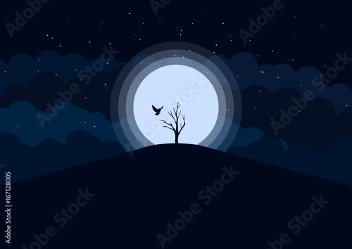 Vector Night View Flying Owl and Tree Background