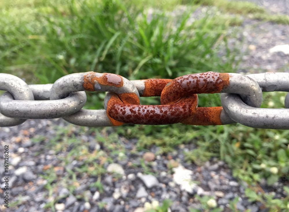 Rusty metal chain one spot and background green grass. stretching chain to make a fence. Rusty metal chain one spot and background green grass. stretching chain to make a fence.