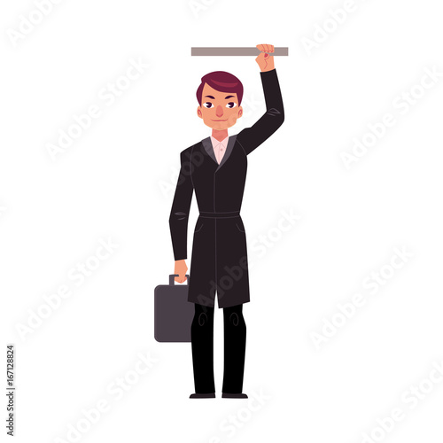 Businessman holding briefcase in subway, standing and holding handrail, cartoon vector illustration isolated on white background. Full length portrait of businessman, business man in subway, bus
