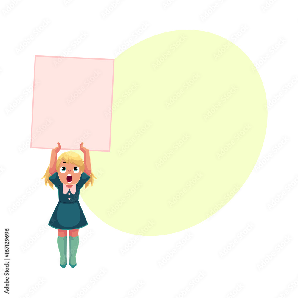Little girl, child, kid holding blank empty poster, board, message or presentation element, cartoon vector illustration with space for text. Little girl holding empty, blank poster over head Little girl, child, kid holding blank empty poster, board, message or presentation element, cartoon vector illustration with space for text. Little girl holding empty, blank poster over head