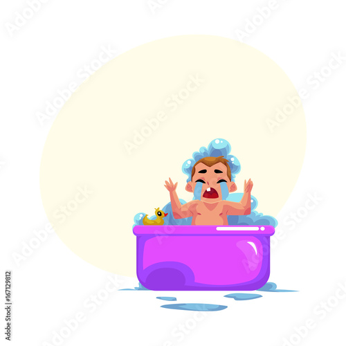 Cute little baby kid, infant, child crying in foam bath, unwilling to wash, cartoon vector illustration with space for text. Little caucasian kid, baby, infant crying sadly in foam bath