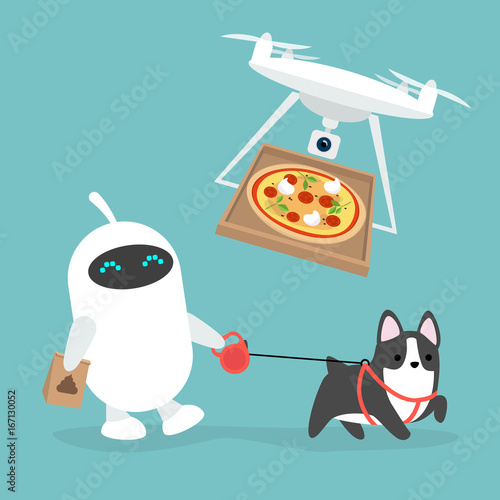 Futuristic services: robot walking the dog and drone pizza delivery / flat editable vector illustration, clip art