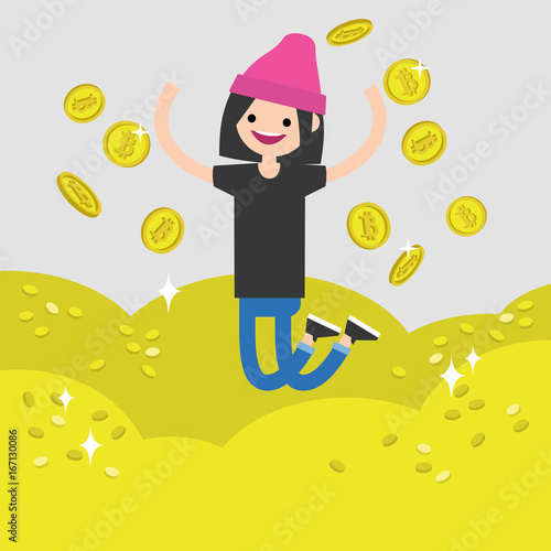 Young character mining bitcoins. Conceptual cartoon illustration  clip art