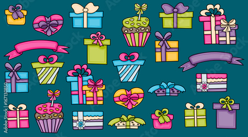 Presents and gift boxes cartoon doodle elements set. Hand drawn vector illustration.