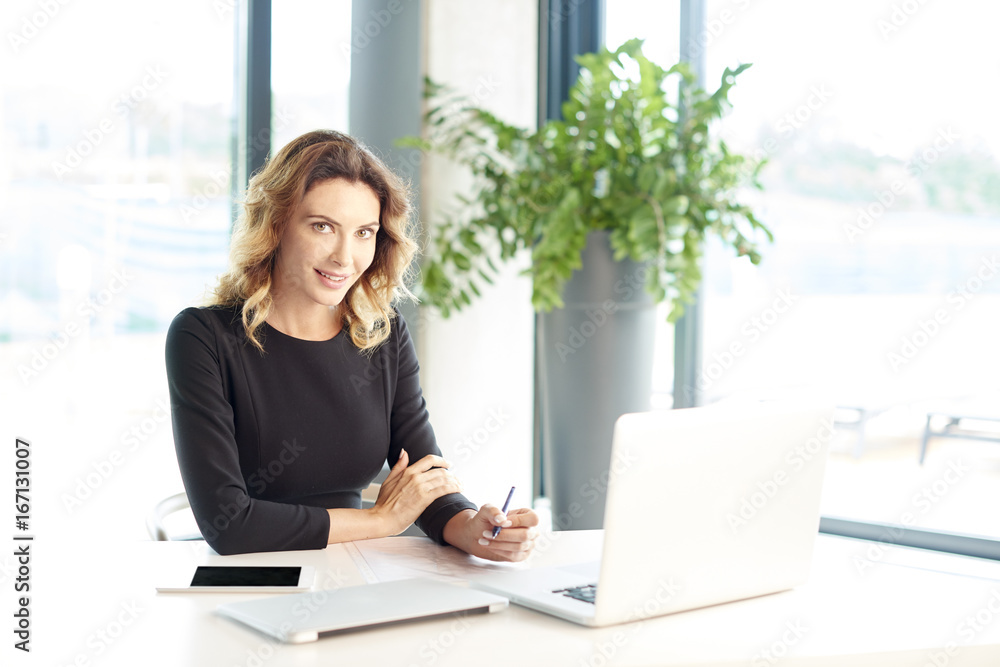 Businesswoman portrait. Portrait of a smiling financial assistant working on laptop at the office. Businesswoman portrait. Portrait of a smiling financial assistant working on laptop at the office.