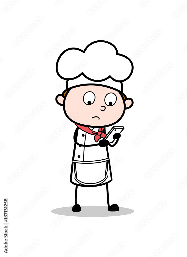 Cartoon Chef Reading Message in Phone Vector Illustration Cartoon Chef Reading Message in Phone Vector Illustration