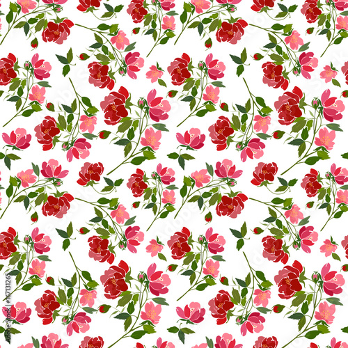 Wallpaper Mural Seamless pattern with red peonies and green leaves on a white background. Torontodigital.ca