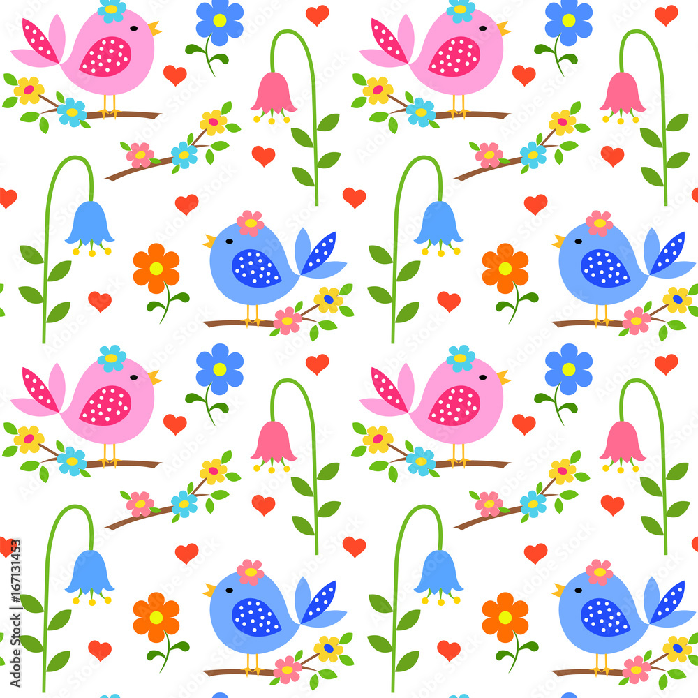  Seamless cartoon pattern with birds, flowers and hearts on a white background