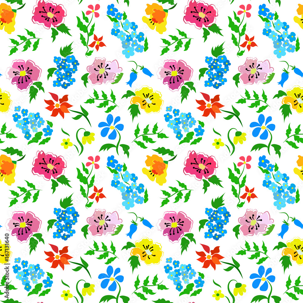 Seamless pattern with abstract flowers on a white background.