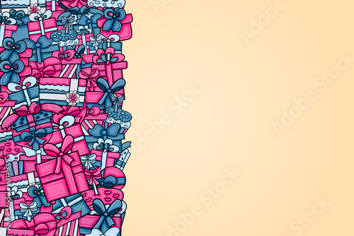 Presents and gift boxes cartoon doodle design. Cute background concept for birthday greeting card,  advertisement, banner, flyer, brochure. Hand drawn vector illustration. Pink and blue color.
