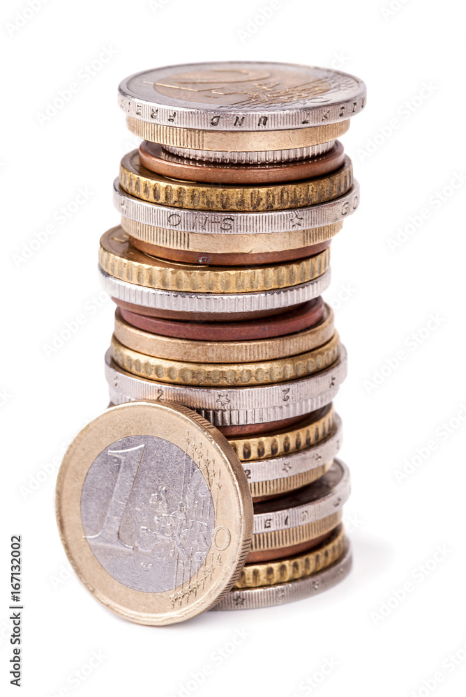 Two piles of euro coins isolated on white background Two piles of euro coins isolated on white background