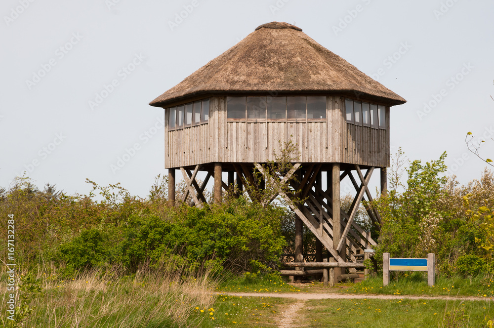 Shack to observe animals in a natural reserve park Shack to observe animals in a natural reserve park