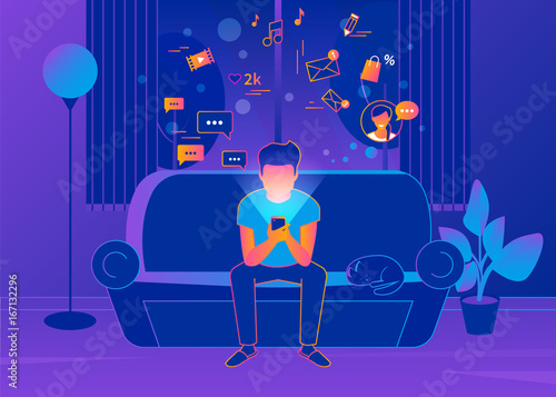 Man sitting at home on the couch and texting messages using smartphone. Gradient line vector illustration of social networking, reading news, sending email and texting friends. Internet addicted teens