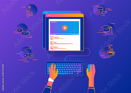 Video tutorial streaming isolated on red background. Elearning and video watching gradient line vector illustration of female hands using browser searching video tutorial or vlog for distance learning
