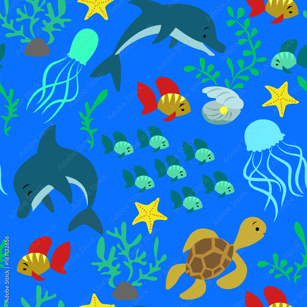 Seamless pattern with sea inhabitants on a blue background. Seamless pattern with sea inhabitants on a blue background.