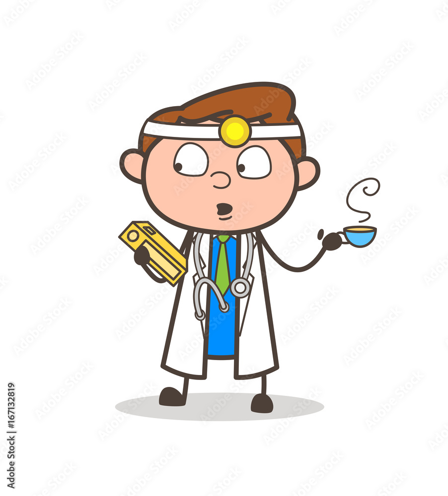 Cartoon Doctor Holding a Book and Drinking a Hot Coffee Vector Illustration Cartoon Doctor Holding a Book and Drinking a Hot Coffee Vector Illustration