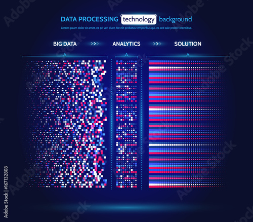 Big data visualization. Information analytics concept. Abstract stream information. Filtering machine algorithms. Sorting binary code. Vector technology background.