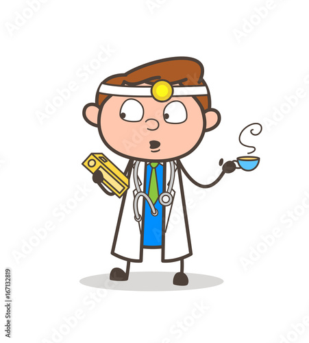 Cartoon Doctor Holding a Book and Drinking a Hot Coffee Vector Illustration