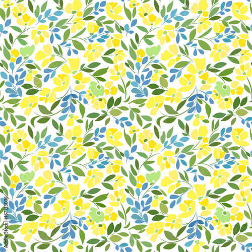 Seamless pattern with yellow flowers and green branches on a white background.