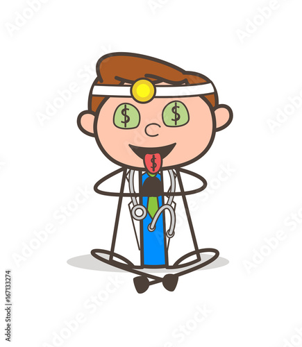 Cartoon Greedy Doctor Expression for Money Vector Illustration