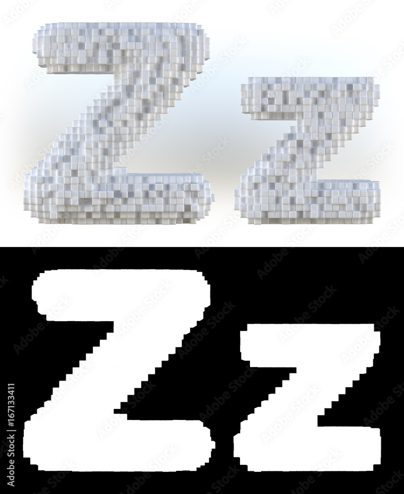 3D Rendering, White volumetric pixel alphabet with alpha mask. An array of voxels from the front, Pixel art, 8-bit, Cubic letter Z. 3D Rendering, White volumetric pixel alphabet with alpha mask. An array of voxels from the front, Pixel art, 8-bit, Cubic letter Z.