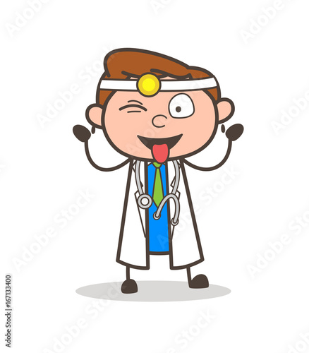 Cartoon Doctor Face with Stuckout Tongue and Winking Eye Vector Illustration