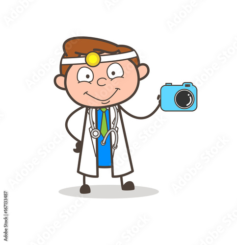 Cartoon Doctor Showing Best Quality Digital Camera Vector Illustration