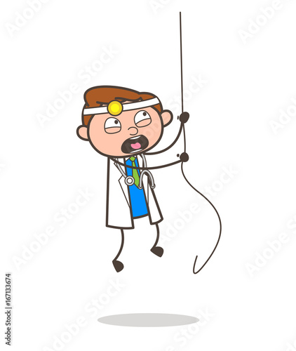 Cartoon Doctor Falling Down From Rope Vector Graphic