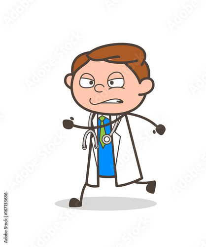 Cartoon Doctor Running in Aggression Vector Illustration