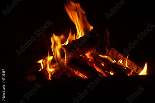 Fire burning in the fireplace on dark background