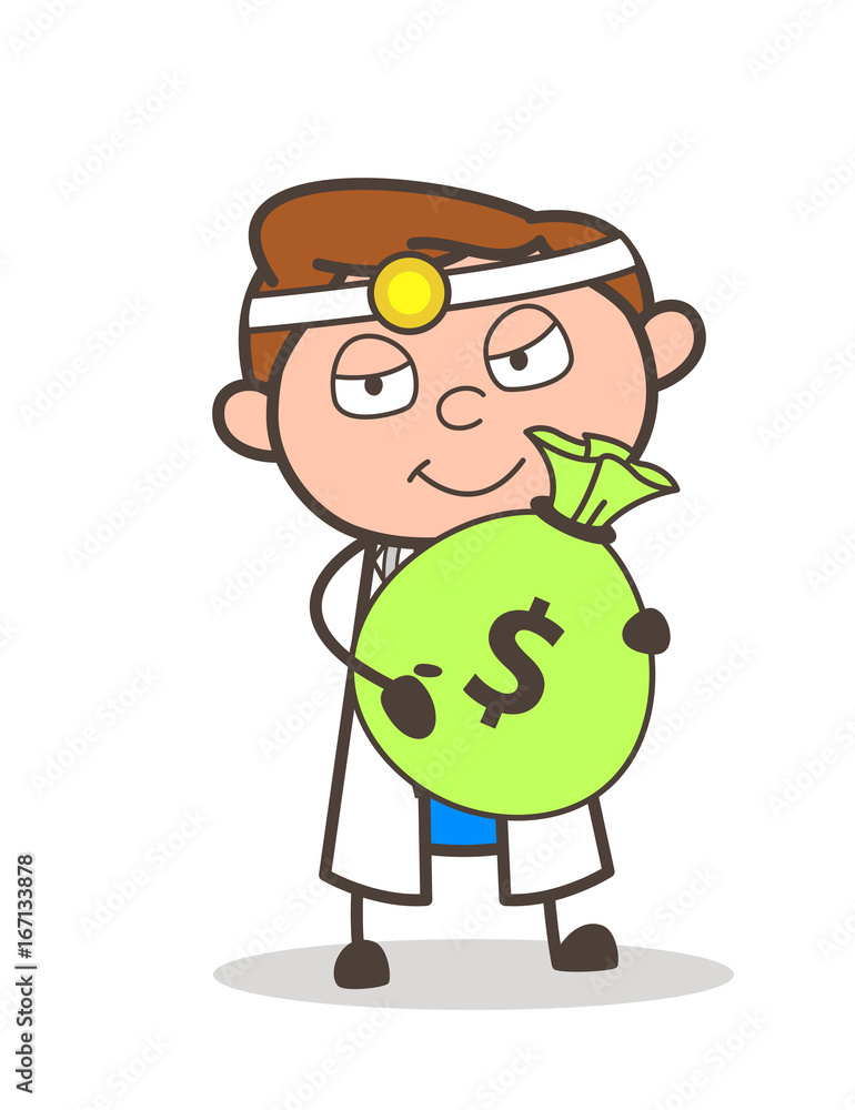Obraz premium Cartoon Doctor Holding a Bundle of Money Vector Illustration