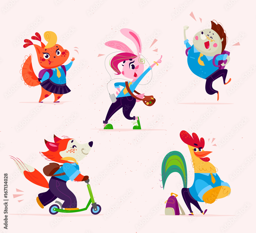 Vector flat school animal characters collection isolated